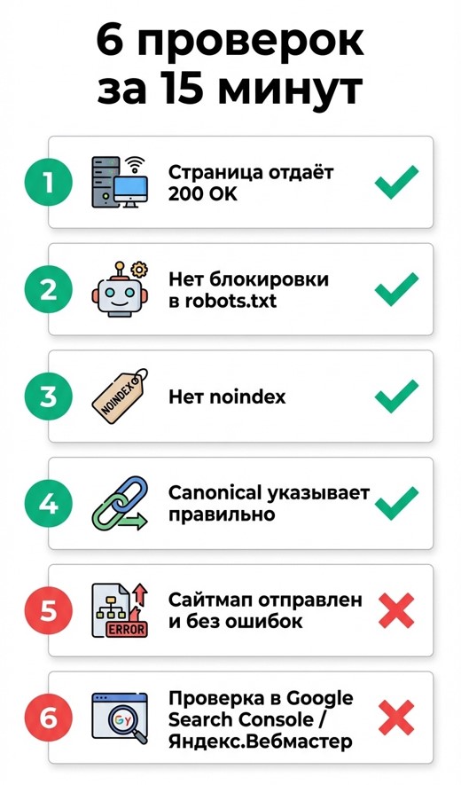 Чек-лист быстрой диагностики индексации: 6 основных проверок за 15 минут для выявления причин неиндексации страницы