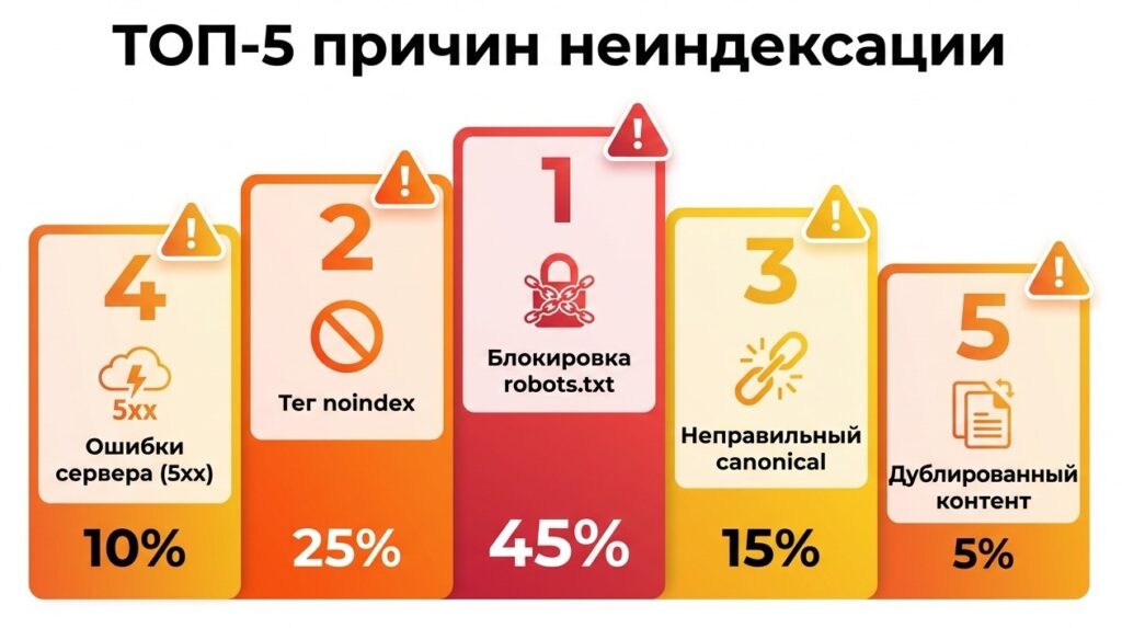 Топ-5 причин неиндексации страниц: блокировки robots.txt, noindex, canonical, дубли контента и низкое качество