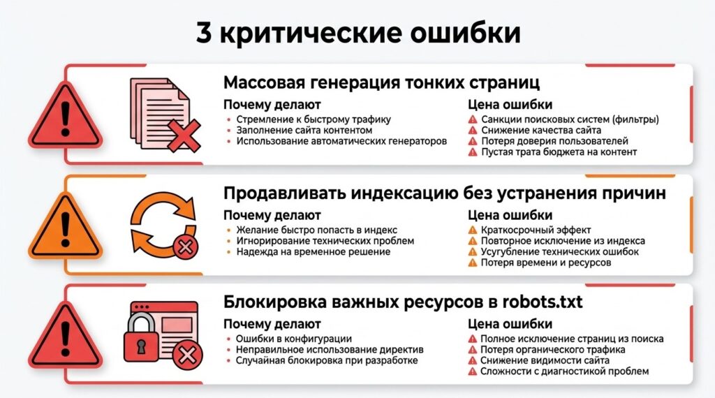 Три критические ошибки при работе с индексацией: массовая генерация страниц, игнорирование причин и избыточные запреты